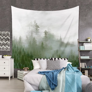 Detail view of misty forest tapestry in a modern bedroom interior with soft green tones