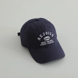 Navy blue cotton baseball cap for boys featuring white REJOICE embroidery and sun protection