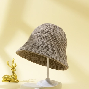 Cappello a secchiello in maglia beige minimalista da donna con design pieghevole estivo