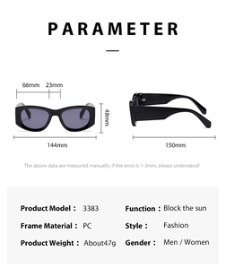 Detailed size chart for square frame sunglasses with precise millimeter measurements