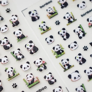 5D embossed panda nail stickers with bamboo and flower details on white background