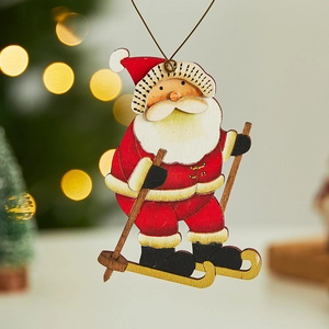 Christmas wooden Santa Claus skiing ornament with red scarf for holiday tree decoration