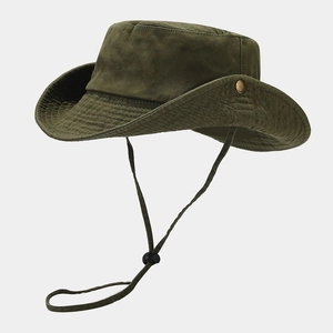 Close-up of army green outdoor sun hat featuring vintage metal side snaps and adjustable drawcord
