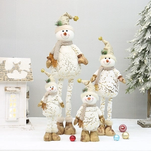 Detail of four retractable Christmas snowman dolls with gold leaf fabric and sequins