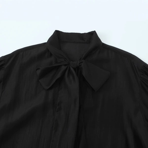 Elegant black satin blouse for women featuring a stylish bow tie collar and stand collar