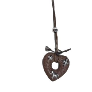 Brown leather heart necklace with silver pony and snowflake charm on cord