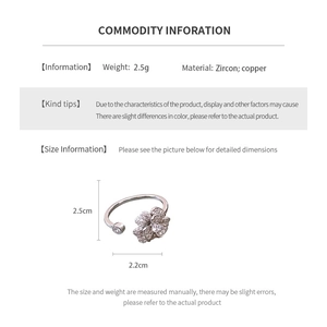 Detailed size and weight specifications for the zircon flower adjustable open ring