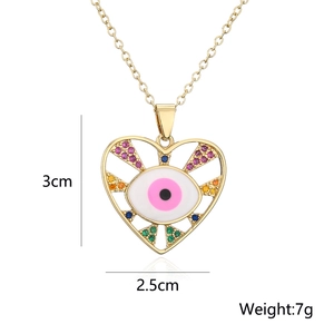 Detail showing 3cm x 2.5cm colorful heart evil eye pendant with weight specifications