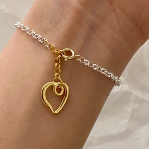 Minimalist Heart Pendant Bracelet 925 Sterling Silver Two-Tone Gold And Silver Stitched Chain Jewelry For Women