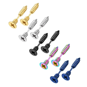 Industrial style stainless steel screw stud earrings in five metallic colors on white background
