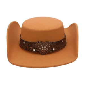 Chapeau de cowboy kaki en feutre avec boucle cœur vintage et ornements en strass