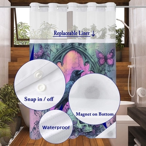 Detail view of the waterproof waffle shower curtain with snap-in liner and magnetic bottom