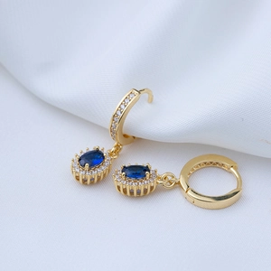 Luxurious gold drop earrings with oval deep blue zircon and s925 silver needle on silk