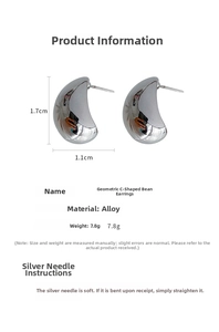 Silver geometric C-shaped stud earrings showing 1.7cm x 1.1cm dimensions and alloy material