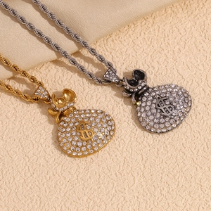 Hip Hop Money Bag Pendant Necklace Stainless Steel 18K Gold Plated Iced Out Rhinestone Dollar Sign Twist Chain Jewelry For Men