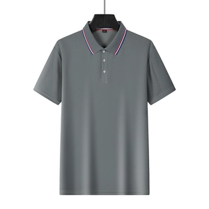 Detailed view of dark grey men's Polo shirt with tricolor stripes on collar and three buttons