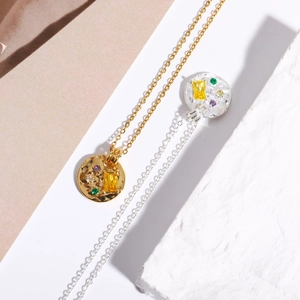 Retro kaleidoscope round hammered necklace with colorful zircon gemstones in gold and silver