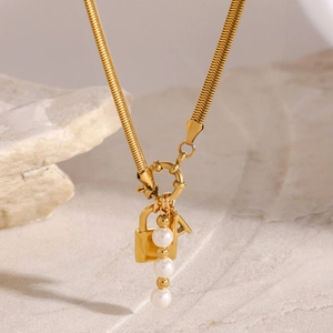 18k gold plated stainless steel necklace with pearl, letter A and lock pendant on stone