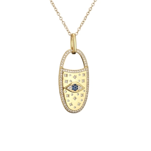 Gold-plated necklace with oval devil eye locket pendant and cubic zirconia stones