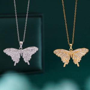 Butterfly Pendant Necklace Copper 18K Gold Plated Full Zircon Rhinestone Inlay Hip Hop Fashion For Men Women