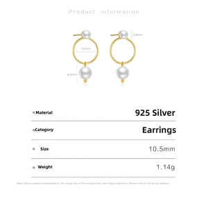 Detail of 925 sterling silver pearl drop earrings showing 10.5mm hoop and 1.14g weight