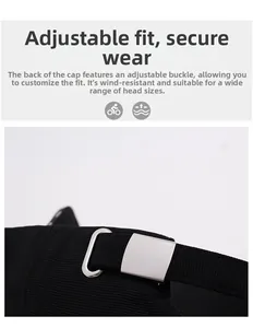 Adjustable back strap with silver metal buckle on a black baseball cap for custom fit