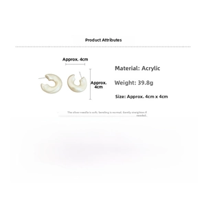 Creamy acrylic C-shaped earrings detail showing dimensions 4cm x 4cm and silver needles
