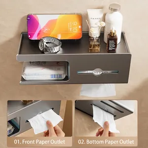 Wall-mounted gunmetal toilet paper holder with top shelf and dual paper outlets