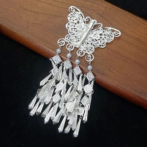 Ethnic silver butterfly hair clip with hollow filigree and long tassels with pearls