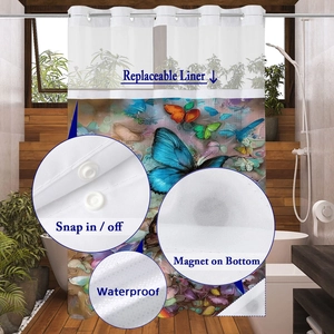 Detail of waterproof shower curtain with butterfly print, snap-in liner and magnetic bottom