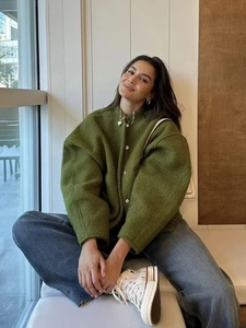Olive green oversized drop shoulder jacket with metallic buttons and textured wool blend