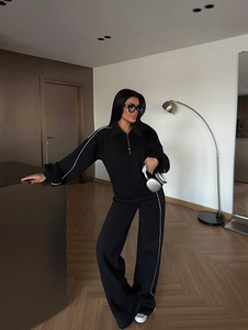 Survêtement Sportif Décontracté pour Femmes Coton Rayures Contrastées Veste à Demi-zip et Pantalon de Jogging Long Top Und Bottom