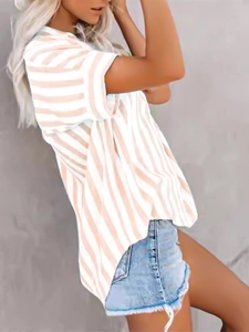 Detailed side view of beige and white striped short sleeve casual shirt for women