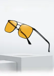 Detailed view of square metal sunglasses with double bridge and bright yellow lenses