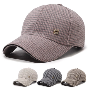 Houndstooth Woolen Baseball Cap Warm Windproof Adjustable Vintage Plaid Peaked Hat Rhinestone Metal Buckle Casual For Women
