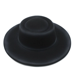 Classic black wool felt wide brim flat top hat with minimalist vintage style for women
