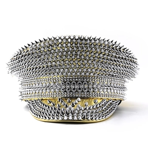 Golden leather military hat with silver spikes and rhinestones for stage performances