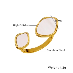 Detailed view of high polished stainless steel ring with 16mm shell inlay and measurements