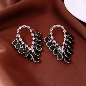 Luxury 18K gold plated silver drop tassel earrings with black gemstones and diamonds