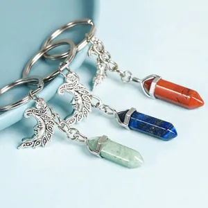 Crystal Stone Keychain Hexagonal Column Carved Moon Face Charm Bohemian Healing Gemstone Car Bag Pendant
