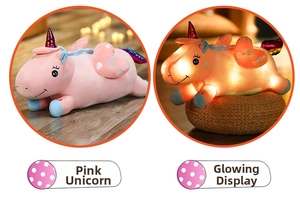 Comparison detail of the pink unicorn plush doll in normal and glowing modes