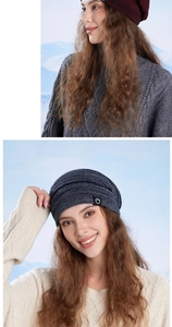 Close-up of thick knitted winter hat with fleece lining and minimalist round logo patch