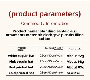 Detailed size and weight chart for 9-inch standing Santa Claus Christmas ornaments