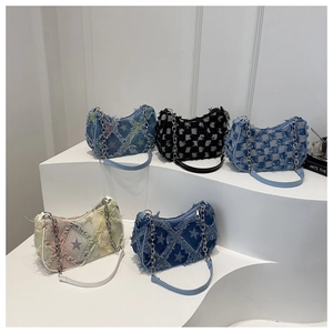 Ethnic style denim shoulder bags with chain straps in star and checkered patterns