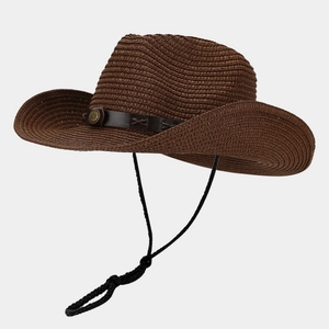 Detail of cross-stitched leather band and metal buckle on breathable straw Panama hat