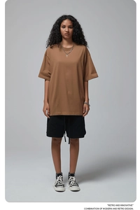 Front view of brown oversized heavy cotton t-shirt for men with a relaxed street style