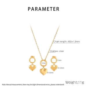 Detailed view of golden stainless steel jewelry set featuring heart pendants and dimensions
