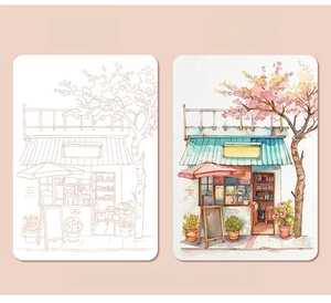 Detail showing the before and after coloring of the DIY watercolor painting postcard