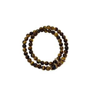 Tiger eye stone double-layered beaded bracelet with gold flower zircon accents