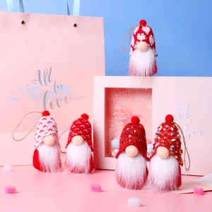 Set of 5 Christmas Gnomes plush ornaments with red and white knit hats and hanging strings